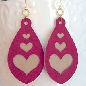 New Faux Leather Hand Crafted Layered Earrings Oversized Red and Beige Hearts